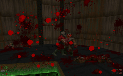 Zombieman 2 — the player pierces his fist through the Zombieman's abdomen and rips its intestines out, prompting the enemy to cry and scream in agony for a few seconds before death. The zombie's head can be exploded for extra health boost.