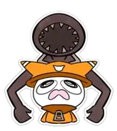 A sticker of Figure behind Kart Kid. The sticker's name being "Basement".