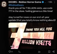 DOORS 7 Billion Visits annoncement tweet, alongside tweeting about their end-of-the-year update.