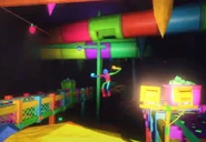 Figure falling from a pipe in the ceiling, but with the 'Taste The Rainbow' Chat Integration poll option active.