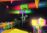 Figure falling from a pipe in the ceiling, but with the 'Taste The Rainbow' Chat Integration poll option active.