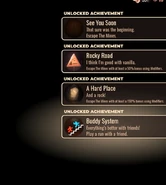 Four achievements being given at the same time. From top to bottom: See You Soon, Rocky Road, A Hard Place, Buddy System.