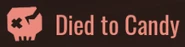 The overview Death Screen showing that the Player died to Candy.