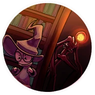 A sticker of a Wizard and the Figure in the Library, the sticker's name being "The Library".