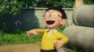 Nobita laughing at Gian getting dragged away by his mom