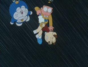 Nobita catches Chippo's tail