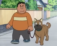 Gian walking his dog, Muku