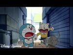 Nobita as a cat dragged by Doraemon