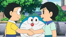 Dekisugi and Nobita shaking hands