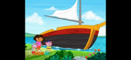 Boots feels impressed at Little Piggy's pirate ship. "That's a