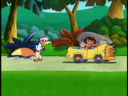 Here he comes! Looks like Swiper has a Plan C: Rocket skates!