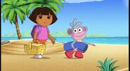 (Speaking of Dora holding a basket and Boots holding a towel…) Dora has a question for the viewer that has to do with what they're about to do.