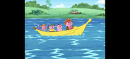 It's the Pirate Pig and the Pirate Piggies in a banana boat!