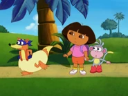 He runs away after giving them a head start. (Oh, please! They just made it to the barn. How could you expect them to FAIL, Swiper?!)