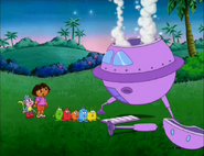 "Their flying saucer is BROKEN!" (Ai-yi-yi! Without their flying saucer, the space creatures can't get home to the Purple Planet!)