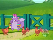 "¡¿Abre?! ¡Si!" (Oh, good! He saw the wagon roll towards him and the chickens.)