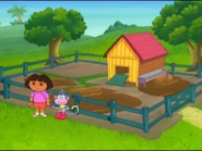 [The episode starts with Dora and Boots at a pigpen on the farm.] Let's say hello!
