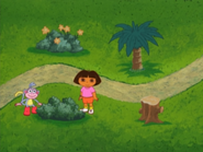 Where do YOU think Backpack is hiding? In the flower bed, in the tree, or behind the tree stump?