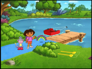 Do you see a boat? (Note that when they approached the lake, Dora's design changes again.)