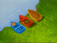 There are three boats: They need a boat without any holes (so they don't get wet), and it must have life jackets (so they can be safe). Which boat is safe to take?