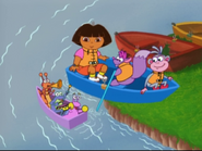 They made it! And look, the Fiesta Trio is riding a small purple boat.