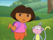 Dora asks "I need YOUR help!" and says, "Will you check Backpack to find something to put on Boots' boo-boo?"