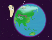 Ooh, Map looks different! He's showing a globe because we're going around the world! See? There's Asia and Oceania...