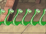 Oh, we're the Sneaky Snakes and we won't let you by. 'Til you dance like us and we slither and slide! Slither and slide, slither and slide! We're the sneaky, slide, and slithery snakes!