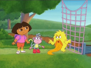 Here's Mr. Troll's first riddle ever. "Here is one of my hardest quizzers." (Note: Dora and Boots change to their "Season 1, Version 3" designs starting in this scene.)