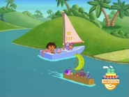 The Fiesta Trio in a log sailboat with a crescent shaped sail.