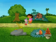 A porcupine is strumming the guitar in the bush, a praying mantis is playing the drum on the rock, and that beetle Benny saw earlier was banging the pot in the grass.