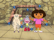 They're the Wiggling Spiders and they mean us no harm. But they won't let us by 'til we wiggle our arms!