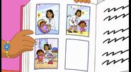 There's a picture of Dora's previous visits to the doctor. One where she was a baby, one where she was getting older and learns to walk,