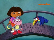 Señor Toucan is helping Dora and Boots fix Puzzle Bridge.