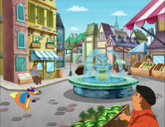 (She runs past that fountain…