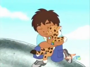 Diego praising Baby Jaguar for climbing up Jaguar Mountain