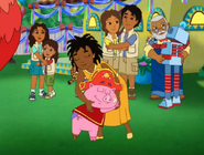 Daisy hugs Alicia; Diego's Parents hug each other; Roberto hugs his grandpa; Pirate Pig hugs Maestra Beatriz.