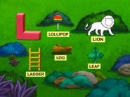 Letter L! There's a lollipop, a ladder, a log, and a leaf. But…
