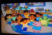 Dora and all her classmates: Yuki, Pablo, Luis, Pepe, Camilla, some unknown girl, a bear, and a turtle.