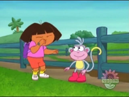 (Dora laughs at Boots for being silly)