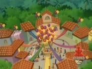 There's the party downtown. "Look, there are balloons, presents,