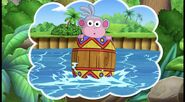 Oh, no! Boots is in a barrel in the big river!