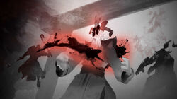 One of Grimstroke's teachers falling to the ink tide.  and an unknown figure is seen in the background.