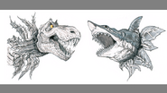 Tyrannosaur and white shark buds concept art.