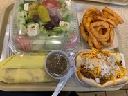 Greek Salad, Onion Rings, Chili Dog