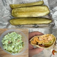 Pickles (Quartered), Pesto Bowtie Pasta Salad, Kickin' Cajun Chicken Wrap
