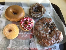 Nick & Natalie's order: Maple, Glazed Chocolate Cake, Apple Fritter, frosted w/ sprinkles mini, sugar mini