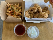 Cheeseling Fries, Golden Original Wings, Sauce, Pickled Radish