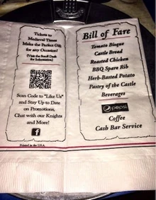 Medieval Times Bill of Fare