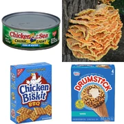 Chicken foods that aren't chicken: Chicken of the Sea tuna, hen-of-the-wood mushrooms, Chicken Biskit crackers, Drumstick ice cream